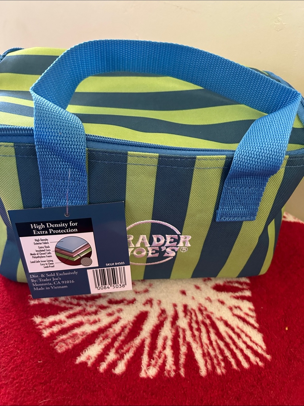 Blue and Lime Striped Insulated Tote Bag
